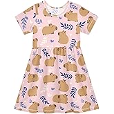 Cute Capybara Simple Flower Pattern Summer Girls Short Sleeve Dress Casual Dresses Beach Sundress for 2-8 Years