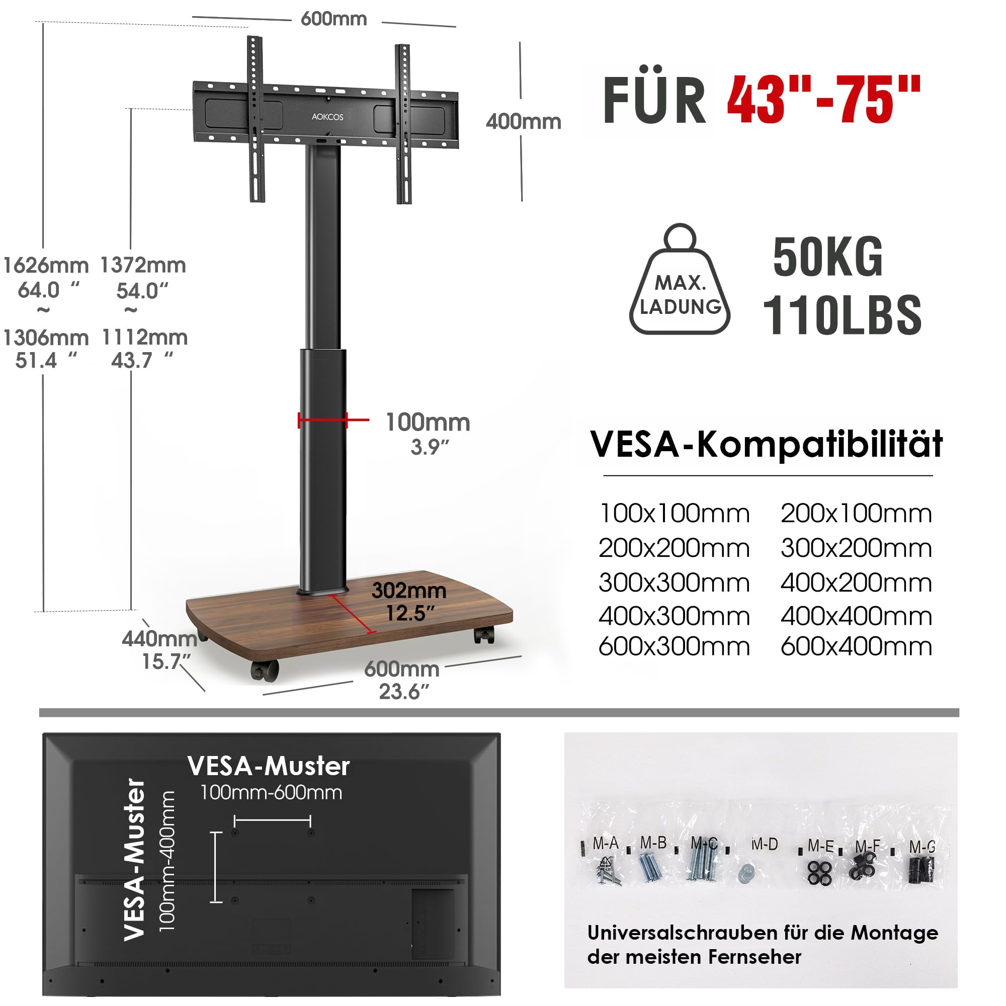 AOKCOS TV Bodenständer Rollbar mit Holzregal, TV Ständer mit Rollen für 43-75 Zoll Flach & Curved Fernseher bis 50kg, Höhenverstellbar Schwenkbar Fernsehstand, Max.VESA 600x400mm 6