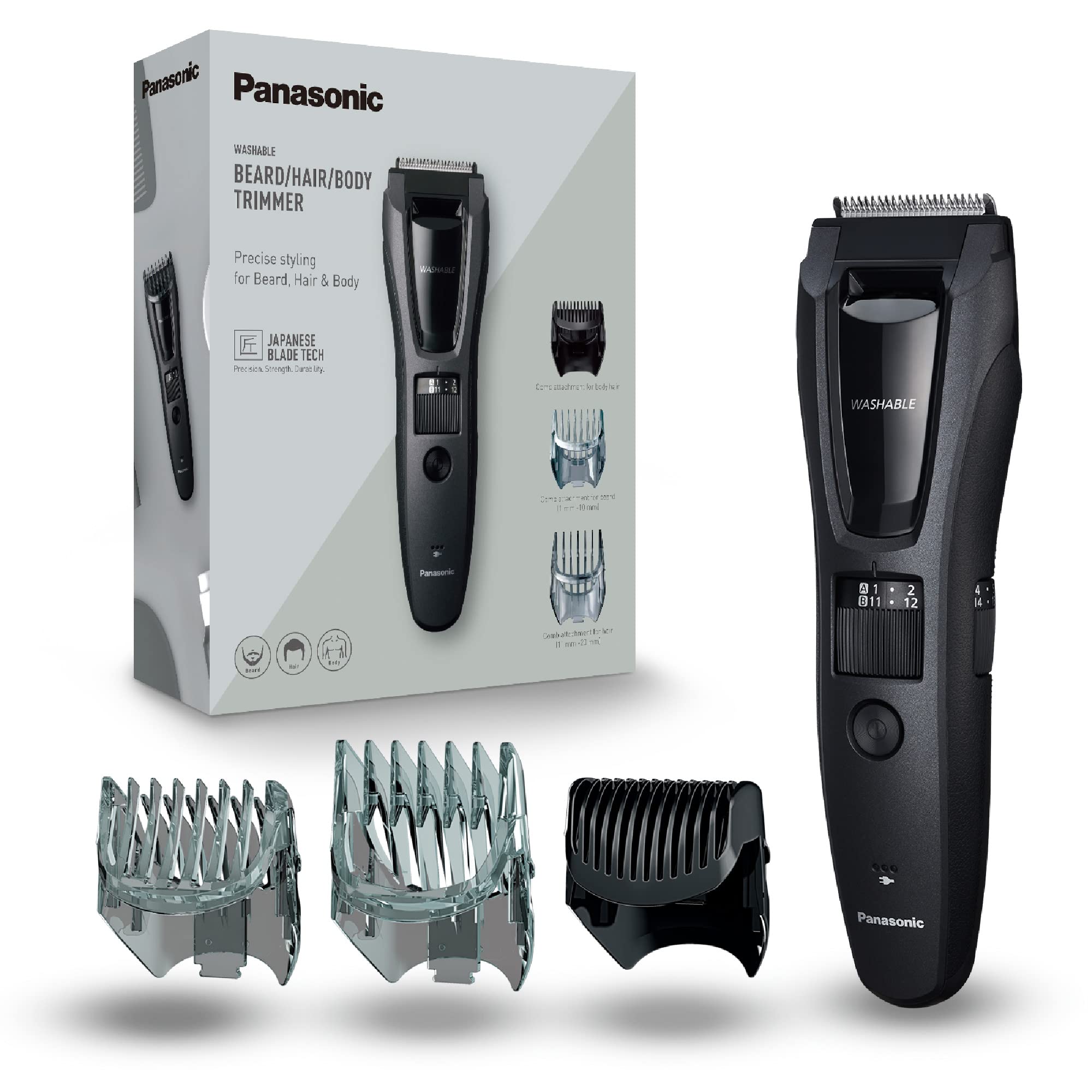Panasonic ER-GB62-H503 Bart-, Haar- & Körperschneider für Männer, tragbarer, kabelloser, wasserdichter Trimmer, 39 Längeneinstellungen, 3 Aufsätze, kabelloser & kabelgebundener Betrieb, Mattgrau