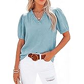 DOKOTOO Women's Casual V Neck Short Sleeve Textured Tops Lettuce Trim T Shirts Tee Blouses