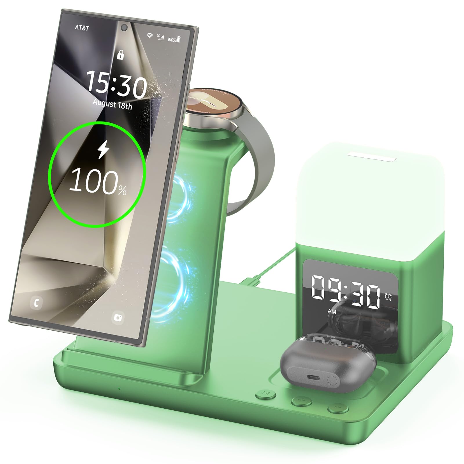 Wireless Charger for Samsung/Android,6 in 1 Alarm Clock Charging Station for Bedrooms with Bedside Clock Night Light for Samsung S25/S24/S23 Ultra/Buds,Watch Charger only for Galaxy Watch 8/7/6-Green