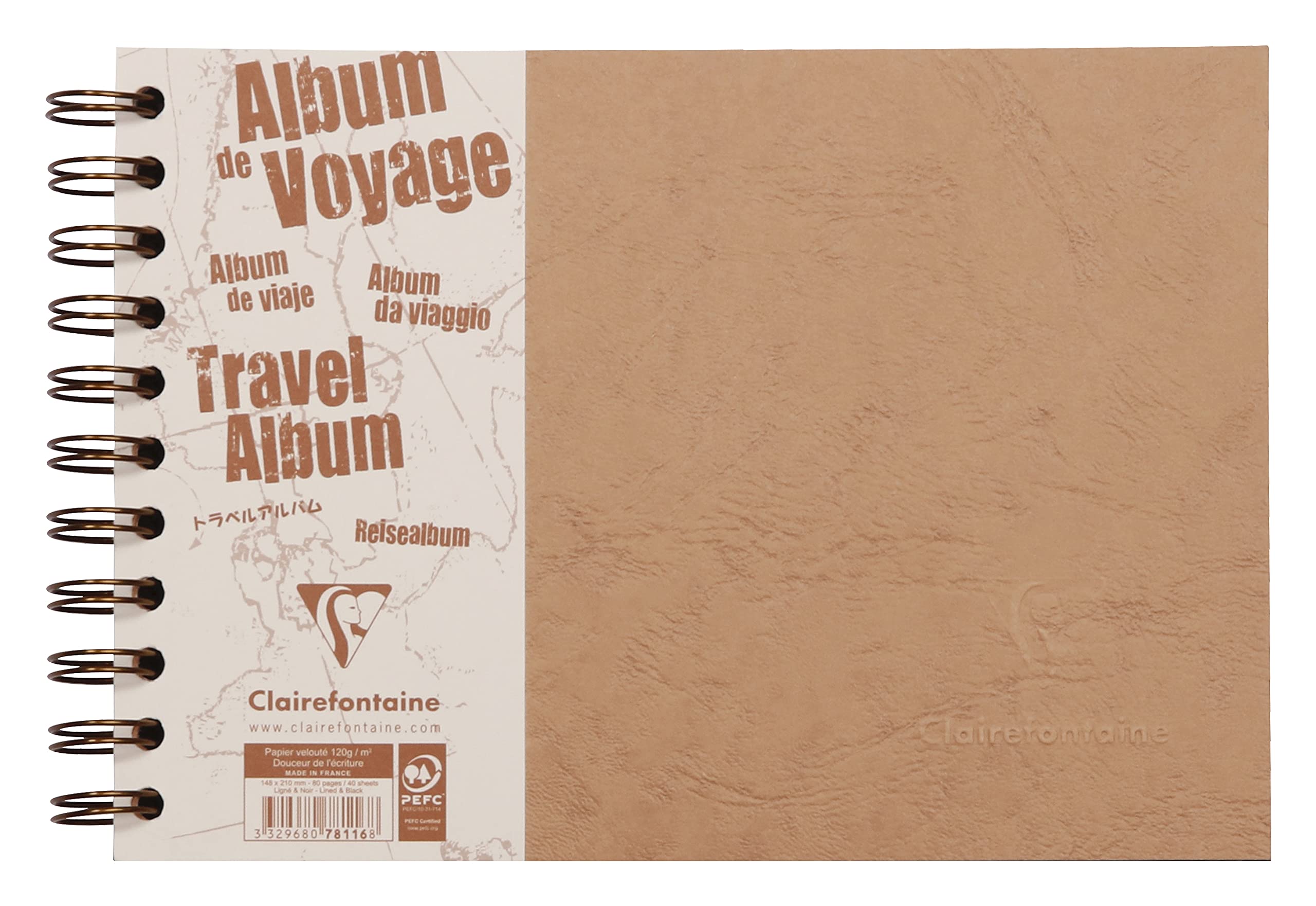 Clairefontaine 78116C Collection Age Bag Tobacco Spiral Travel Album A5 21x14,8cm - 80 Pages - White 120g Lined + Black Grain Paper 160g - Leather Grain Cover