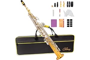 Cadway Bb Soprano Saxophone Straight Gold Laquer Sax Instruments for Beginners Students Intermediate Players with Carrying Case,White Gloves.Cleaning kit.neck Strap.Mouthpiece (Gold body nickel bond)