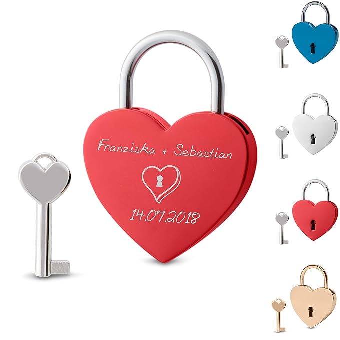 Herzschloss mit Gravur und Schlüssel Rot Matt| Liebesschloss Graviert mit Wunschtext – Edles Personalisiertes Vorhängeschloss