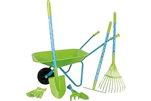 Garden Toolset with Wheelbarrow by Small Foot – 7 Piece Kids Set Includes Rake, Shovel, Hoe, Gloves & Hand Tools – Made with Durable Wood & Metal - Develops Motor Skills & Physical Play –Ages 3+ years