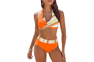 AI'MAGE Women's High Waisted Bikini Sets Tummy Control Swimsuits 2024 Two Piece Bathing Suits Color Block Halter Swim Suits