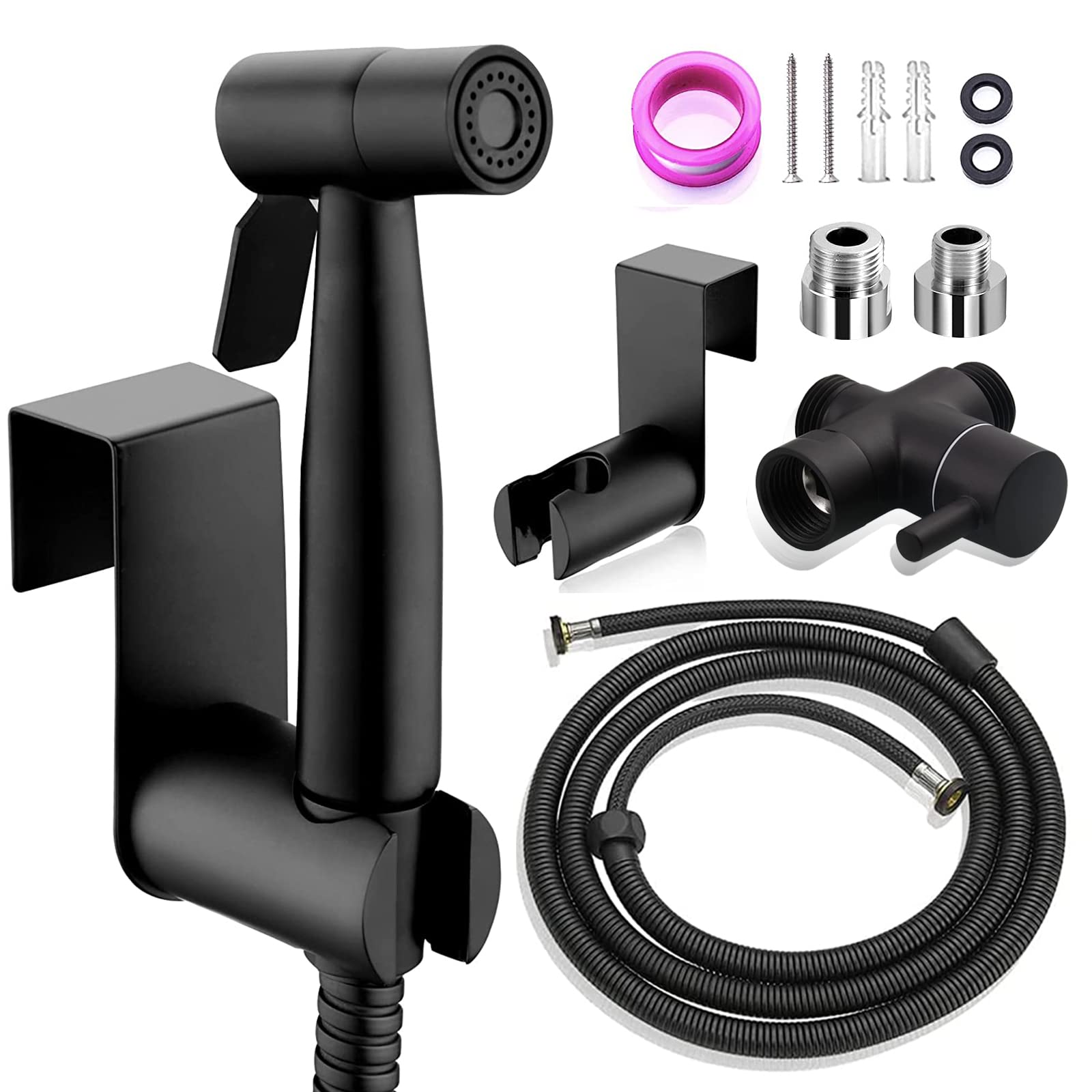 Bidet Hand Shower Set, Premium Stainless Steel Brushed Bidet Hand Shower, Bidet Sprayer with G1/2 Inch Valve and a G3/8 Inch Adapter for Shower, Bathroom, Hygiene, Toilet Paper, Nappy Cleaning (Black)