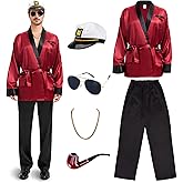 Halloween Red Silky Robe Jacket Costume Set Men's Captain Outfit with Hat Sunglasses Chain Funny Adult Party Cosplay