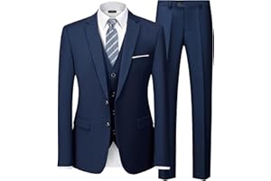 YND Men's 3 Piece Suit Set with Tie, 2 Button Slim Fit Solid Blazer Jacket Vest Pants, Business Wedding Party Suits for Men