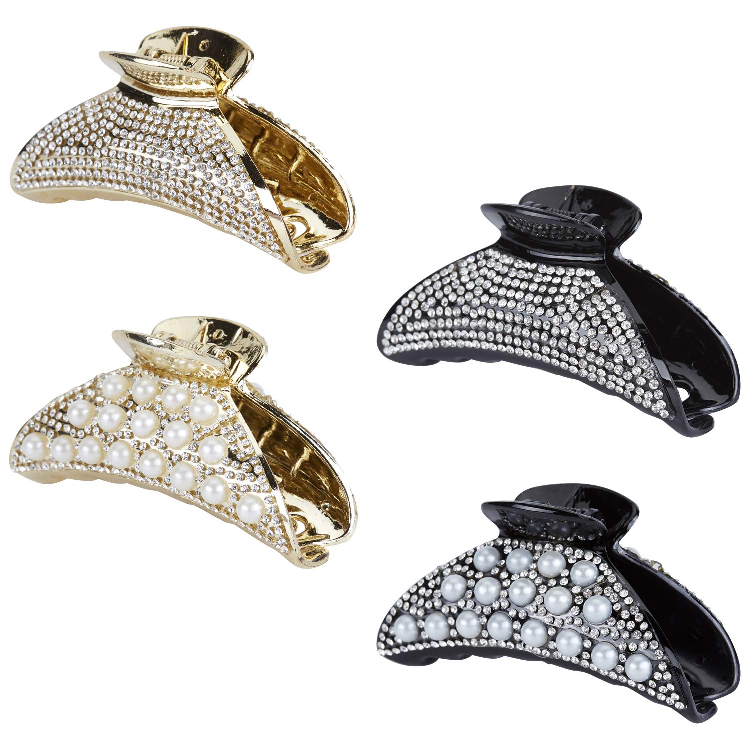4 Pack Large Black Gold Octopus Pearl Rhinestone Crystal Glitter Sparkly Bling Plastic Hair Claw Clips Crab Jaw Barrettes Grips Clamps Clasp Buns Party Hair Accessories for Women