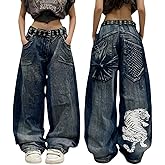 Unisex Y2K Hip Hop Street Jeans with Skeleton Print, Gothic Baggy Jeans, Vintage High Waist Denim, Wide Leg Pants