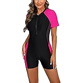 Halcurt Women's Boyleg One Piece Rash Guard with Built in Bra Zip Front UPF50+ Short Sleeve Full Body Surfing Swimsuit