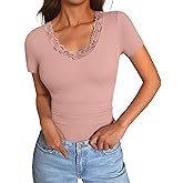 GKBK Womens Short Sleeve V Neck T Shirts Ribbed Lace Casual Tops Going Out Fitted Tight Shirts Basic Tee 2026 Outfits Trendy