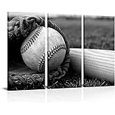 HOMEOART Baseball Picture Sports Themed Baseball Wall Art Print On Canvas Boys Bedroom Decoration Black and White Stretched Framed Artwork 16x32inchx3Panels