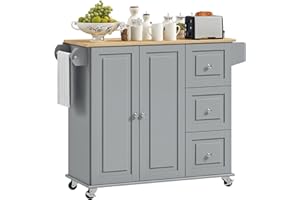 HOMCOM Kitchen Island with Drop Leaf, Rolling Kitchen Cart on Wheels with 3 Drawers, Cabinet, Natural Wood Top, Spice Rack an