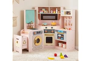 INFANS Corner Kids Kitchen Play Set, Toddler Wooden Pretend Toy Cooking Set with Range Hood Dishwasher Trash Bin Light Sound 