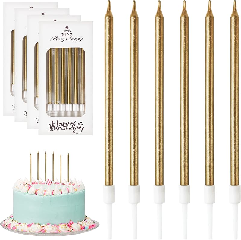 DONQL Birthday Candles 24Pcs Tall Thin Cake Candles with Holders 14cm Champagne