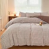 NSNLGSGC Mocha Gingham Duvet Cover Set Queen, Dark Tan Grid Simple Geometric Square Pattern Comforter Cover,Soft Plaid Washed Microfiber Bedding Cover(3PCS,Queen)