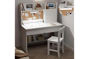 RUPOLX Wooden White Kids Study Desk and Chair Set with Light, Paper Roll Dispenser and 2 Drawers, Children Desk with 3 Open H