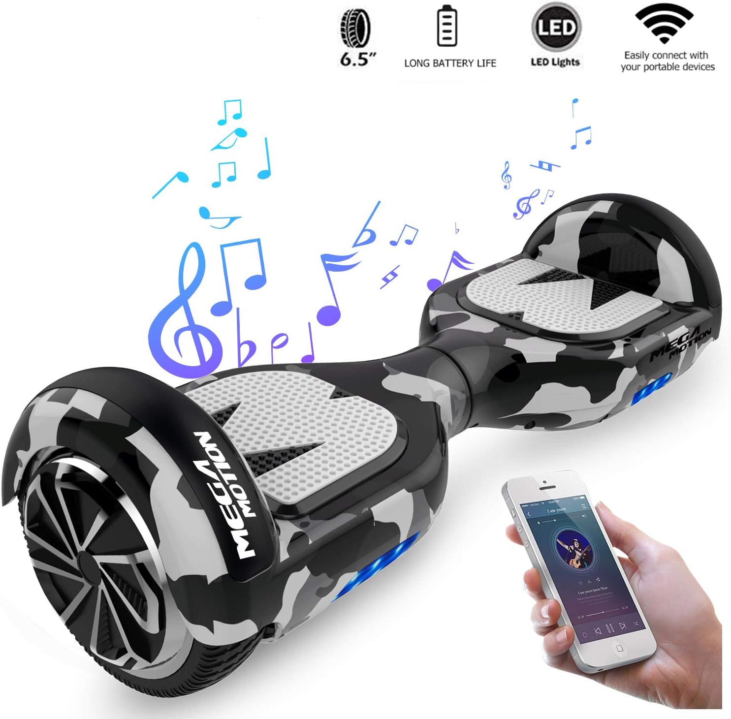 Mega Motion Kids Super Gifts Self Balanced Electric Scooter built in Bluetooth Speakers - LED