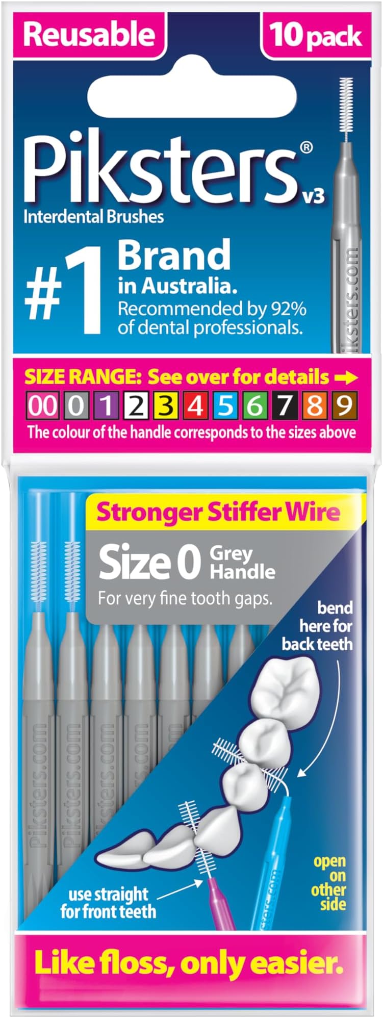 Piksters Interdental Brushes Size 0 10 pk with Connector Cap Gum Safe for Braces