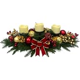 Svndlyn Christmas Candle Holder Centerpiece with Red Gold Ornaments and Bow | Black Candle Platforms, Red Bow, Pinecones, Berries and Gold Foliage for Dining Table, Mantel or Fireplace