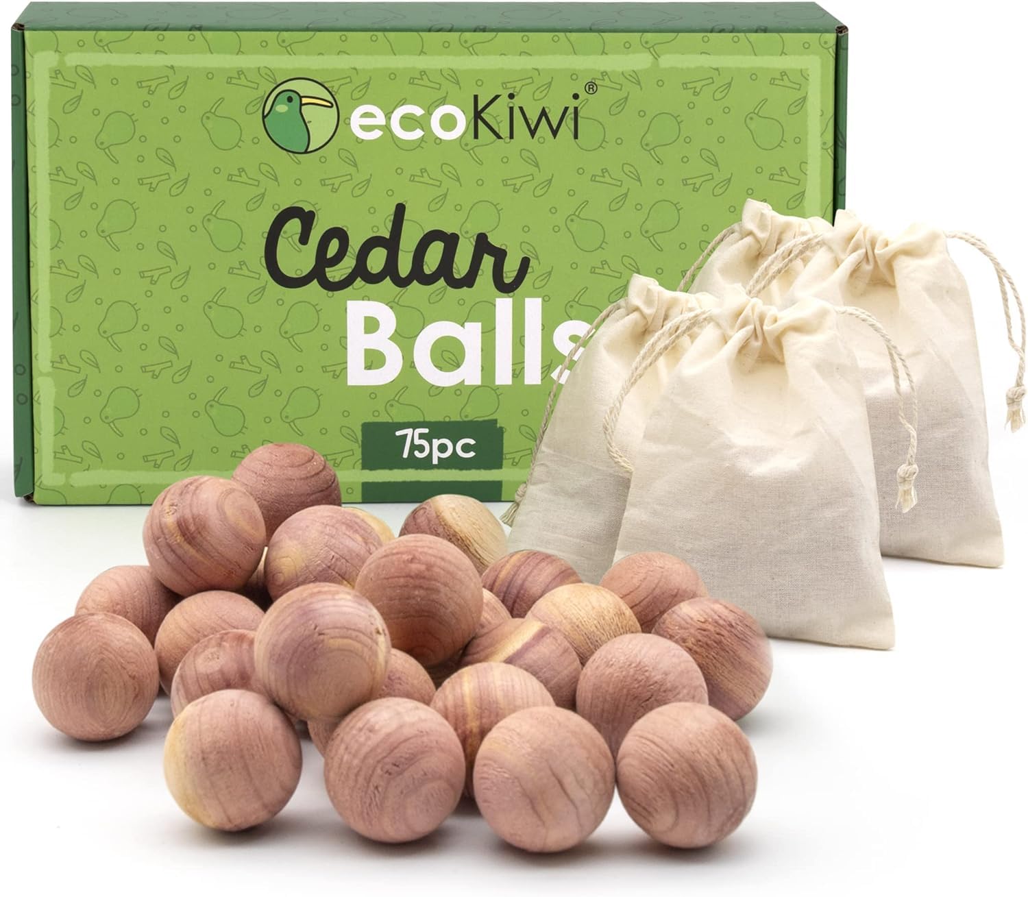 ecoKiwi Moth Balls 75 Pack - Cedarwood Moth Repellent - 100% Natural Cedar Balls Moth Repellent for Wardrobes - Cedar Oil Moth Repellent Anti Moth - Moth Treatment for House, Sandpaper & Cotton Bags