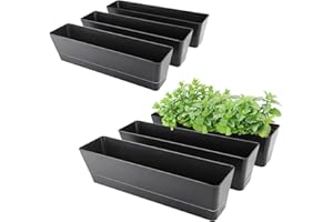 GREANER Rectangle Window Boxes, 6PCS 16x3.8 Inch Black Herb Planters with RemovableTray and Drainage Hole, Succulent Flowers Plastic Pot for Balcony, Office, Windowsill, Garden, Outdoor Decoration Use
