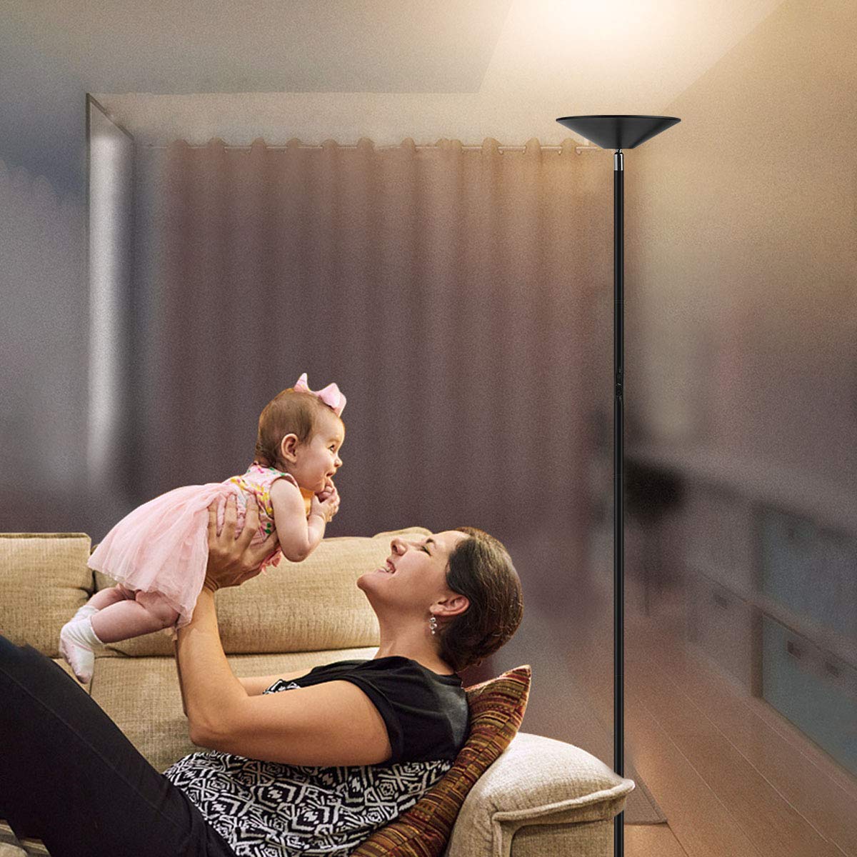 Floor Lamp, LED Torchiere Super Bright Floor Lamps, Dimmable 20W LED Floor Light with Touch Control and Wall Switch, Standing Lamp with Stepless Dimmer for Living Room and Bedroom. 90° Adjustable Top.