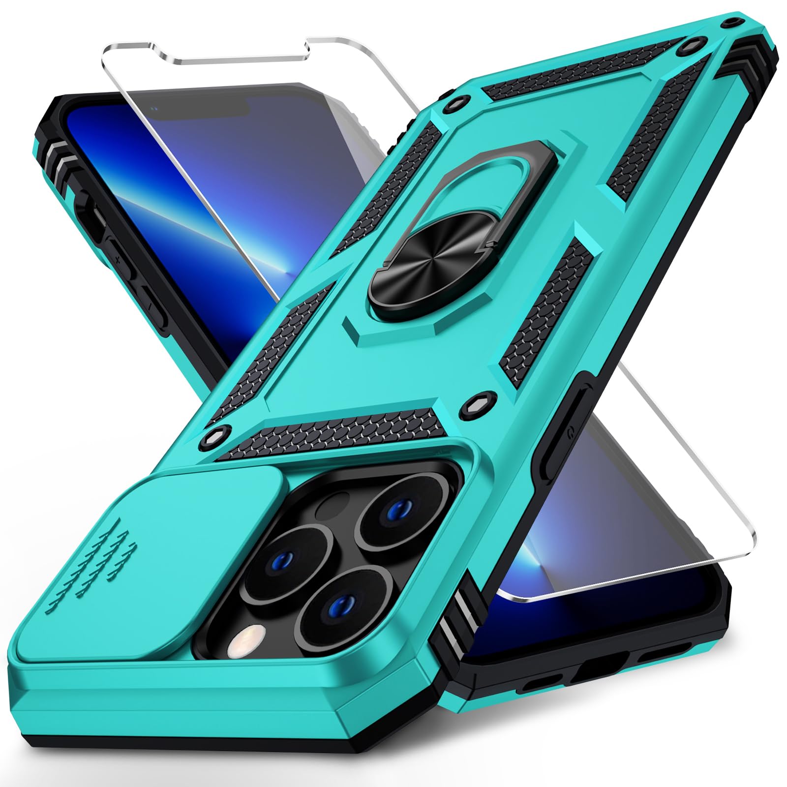 Vinve for iPhone 13 Pro Max Case with Slide Lens Cover, HD Screen Protector, Military Grade Drop Protection, Magnetic Rotated Ring Holder Kickstand Phone Case（Ice Green）