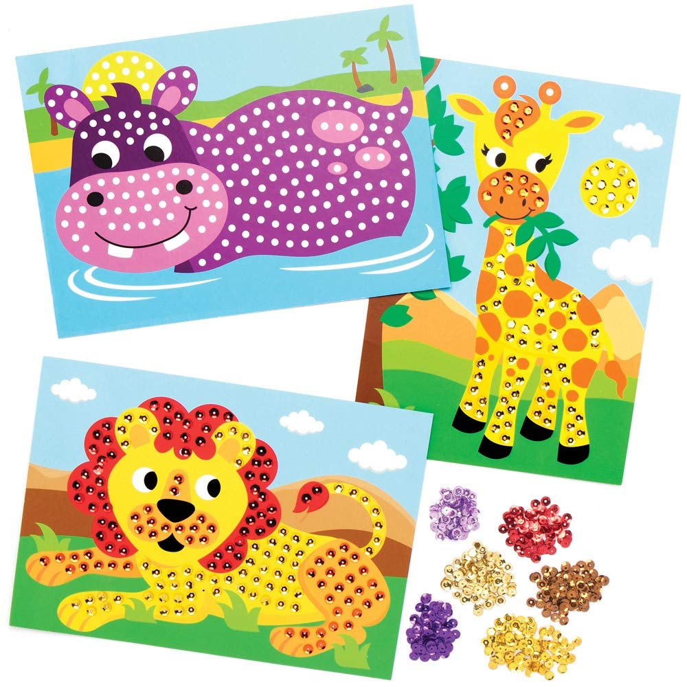 Baker Ross AT737 Jungle Animal Sequin Picture Kits - Pack of 4, for Kids Arts and Crafts Projects