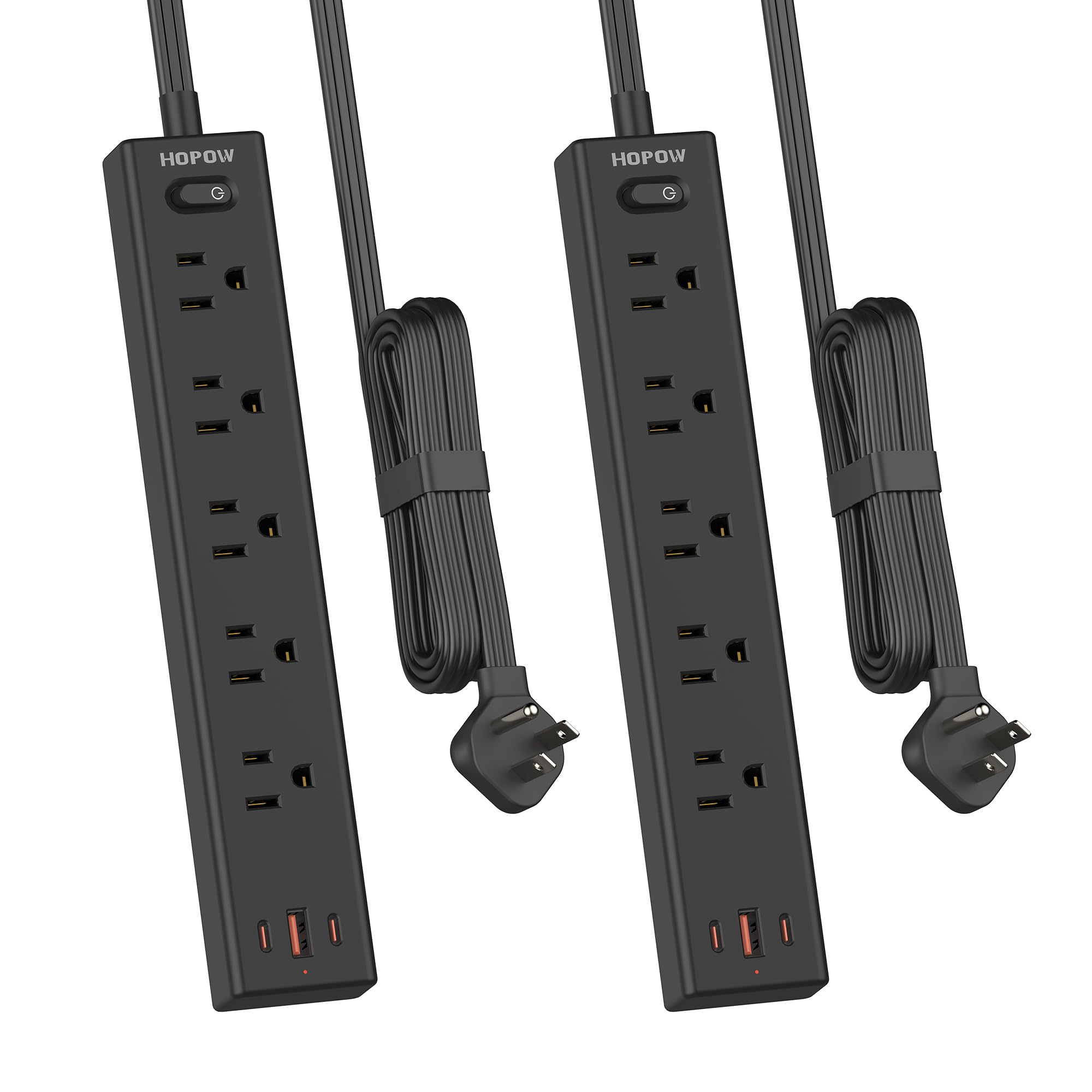 HOPOW Flat Plug Power Strip, 2 Pack, 6 Ft Ultra Thin Flat Extension Cord, Surge Protector with 5 Outlets & 3 USB Ports (2 USB C Slots), 1700 Joules, 3-Prong, Wall Mount for Home Office Dorm, Black