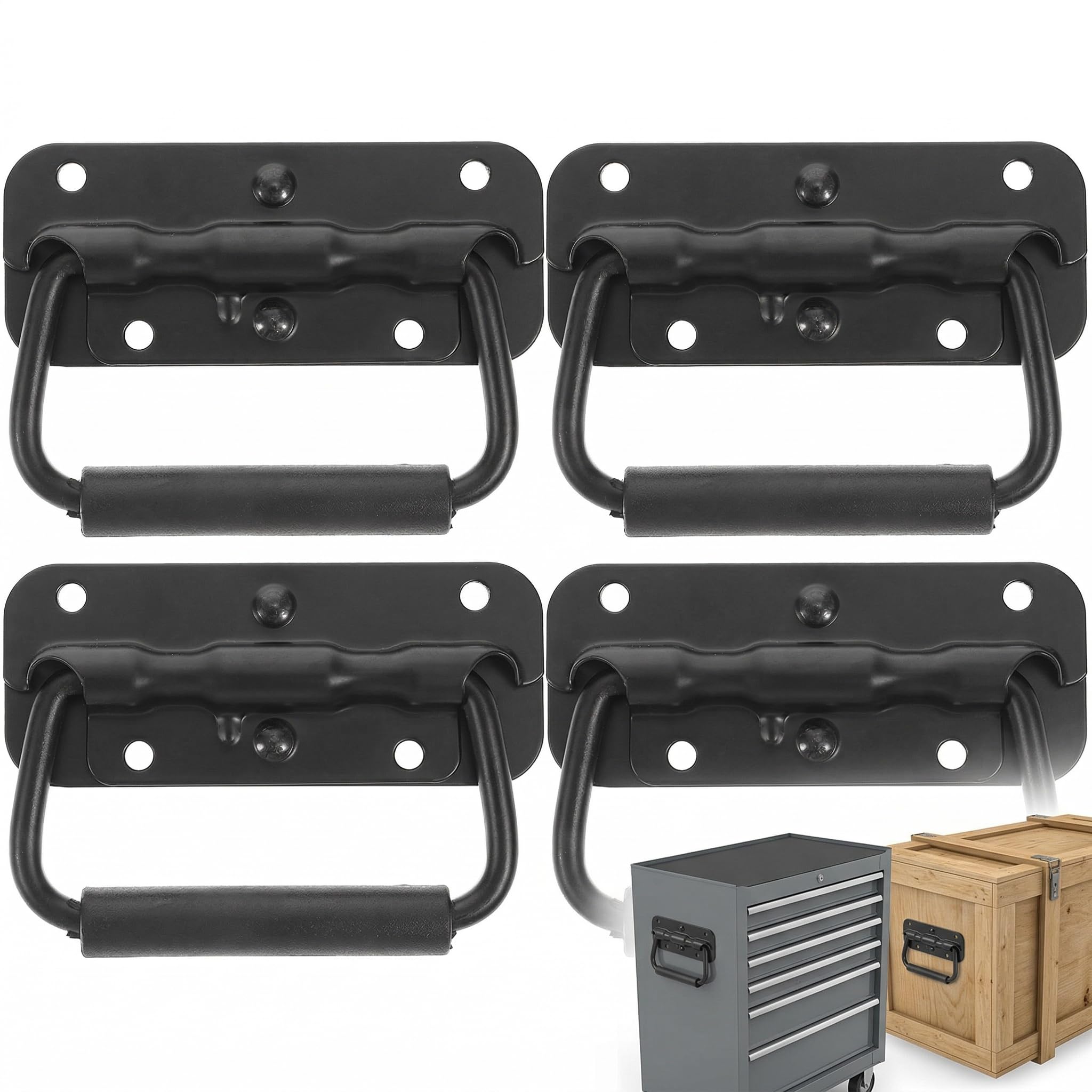 DOITOOL 4Pcs Spring Loaded Handle Heavy Duty - 100mm Black Surface Mount Flight Case Handles with Rubber Grip - Sprung Pull Ring Folding Pull for Toolbox, Speaker Cabinet, Boat & Trunk Replacement