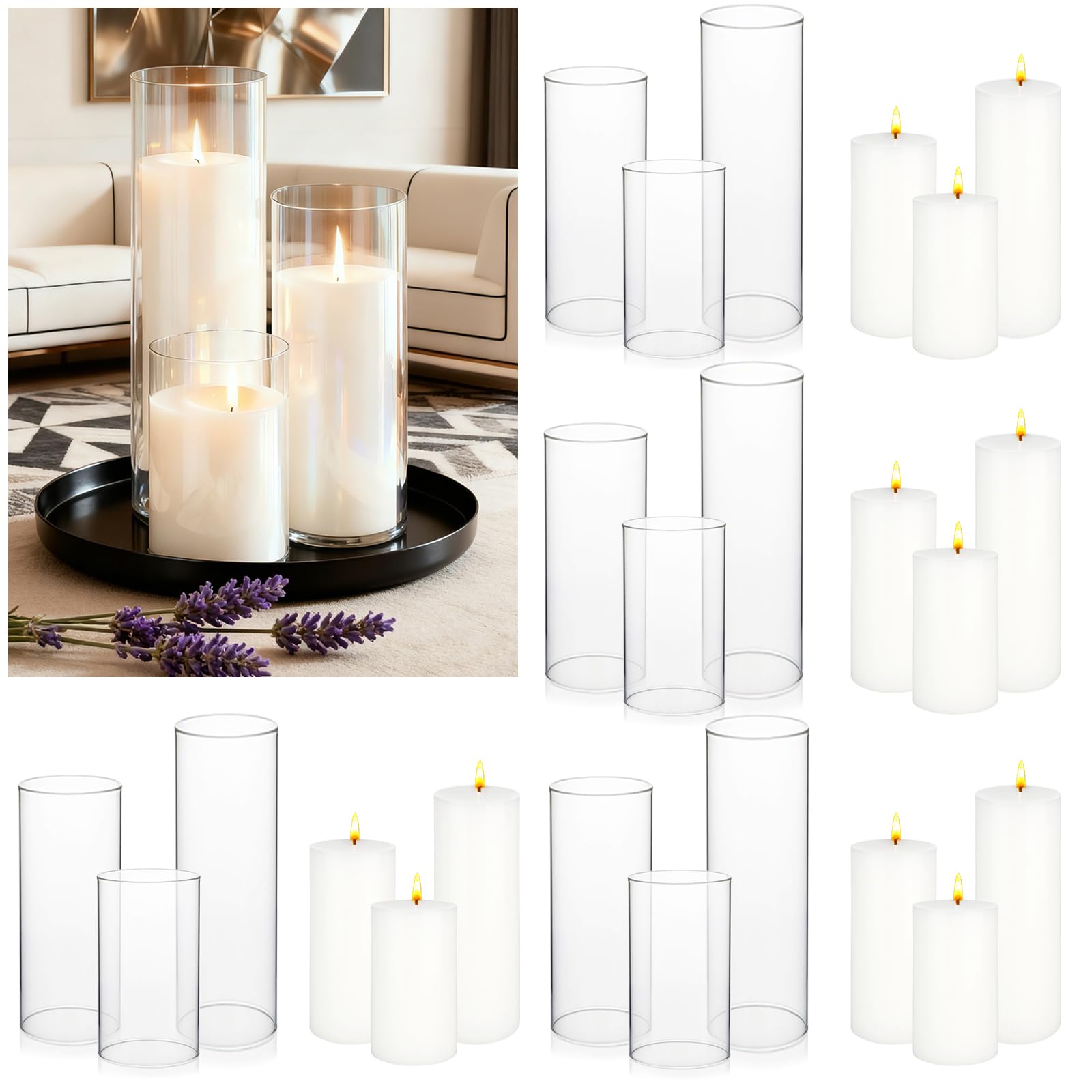 Photo 1 of ZJGXH 24 Pcs White Pillar Candles and Glass Cylinder Vases Clear Glass Pillar Candle Holders Hurricane Glass Candle Holders for Table Centerpieces Wedding, Party, Event, Home Office