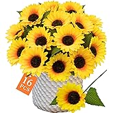 Carfoeny 16Pcs Artificial Sunflower Single Stems, 10.6" Silk Fake Sunflowers Bulk with Small Heads, UV Resistant Faux Flowers for Outdoor Planters, Fall Decor, Wreath Crafts, Baby Shower&Centerpieces