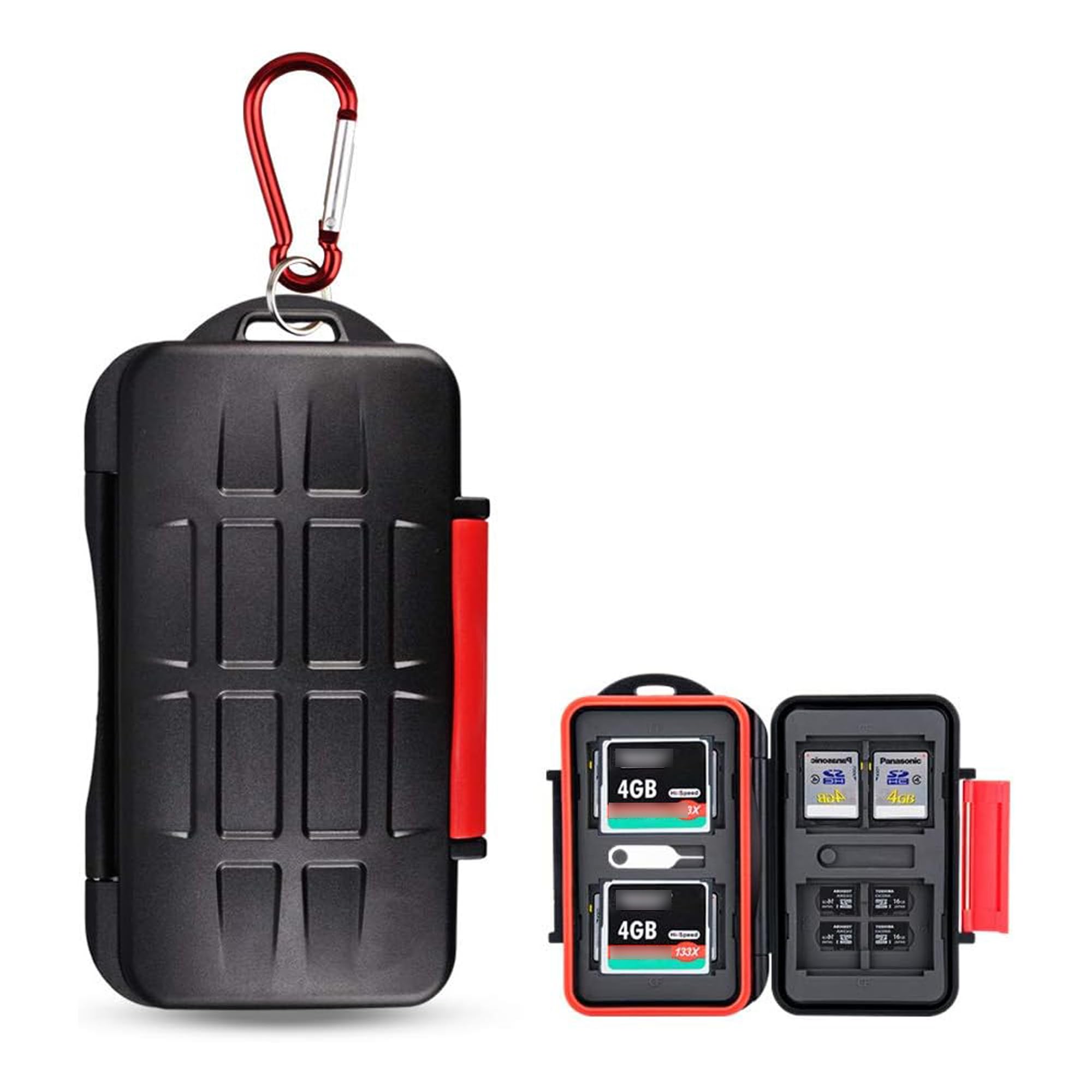 Kiorafoto 28 Slot Anti-Lost Memory Card Case Wallet for 4 CF, 8 SD, 16 Micro SD Cards with Water-Resistant Carabiner + Removal Eject Pin Key