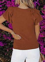 SHEWIN Womens Shirts Summer Ruffle Sleeve Crewneck