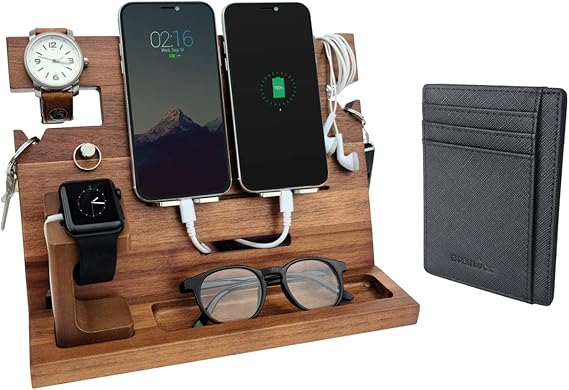 Amazon Com Eterluck Wooden Docking Station Men Nightstand Organizer Bundle W Rfid Blocking Leather Wallet Charging Station Cell Phone Stand Tablet Stand Husband Gifts From Wife For Dad Walnut Electronics