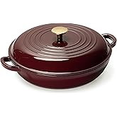 CAROTE 3.4QT Enameled Cast Iron Braiser Pan, Shallow Dutch Oven Casserole Skillets, Non-Toxic Cast Iron Pot with Lid for Grilling, Searing, Baking, Dual Handles, All Stovetop Compatible, Fig
