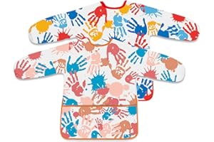 BOUBONI 2 Pcs Kids Art Smock Painting Toddler Smock Long Sleeve with 3 Pockets for Kids Art Painting Activity Kitchen Crafts (Pink, Red)