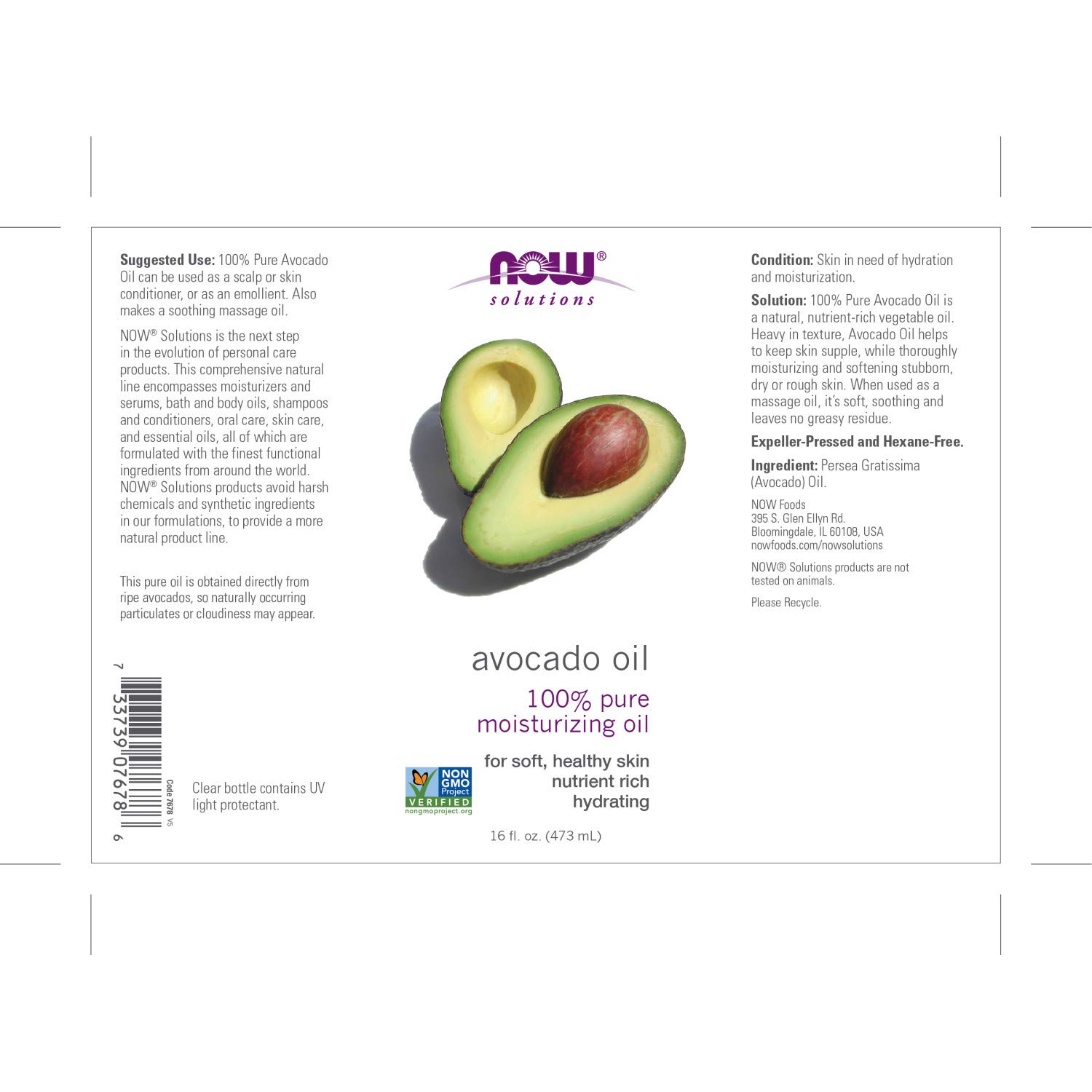 NOW Solutions, Avocado Oil, 100 Pure Moisturizing Oil, Nutrient Rich