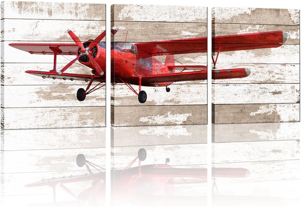 Large Retro 3 Piece Airplane Canvas Prints Wall Art Elderly Propeller Airplane Pictures Poster Printed Artwork Stretched and Framed for Boy Kids Bed Room Home Decor 16