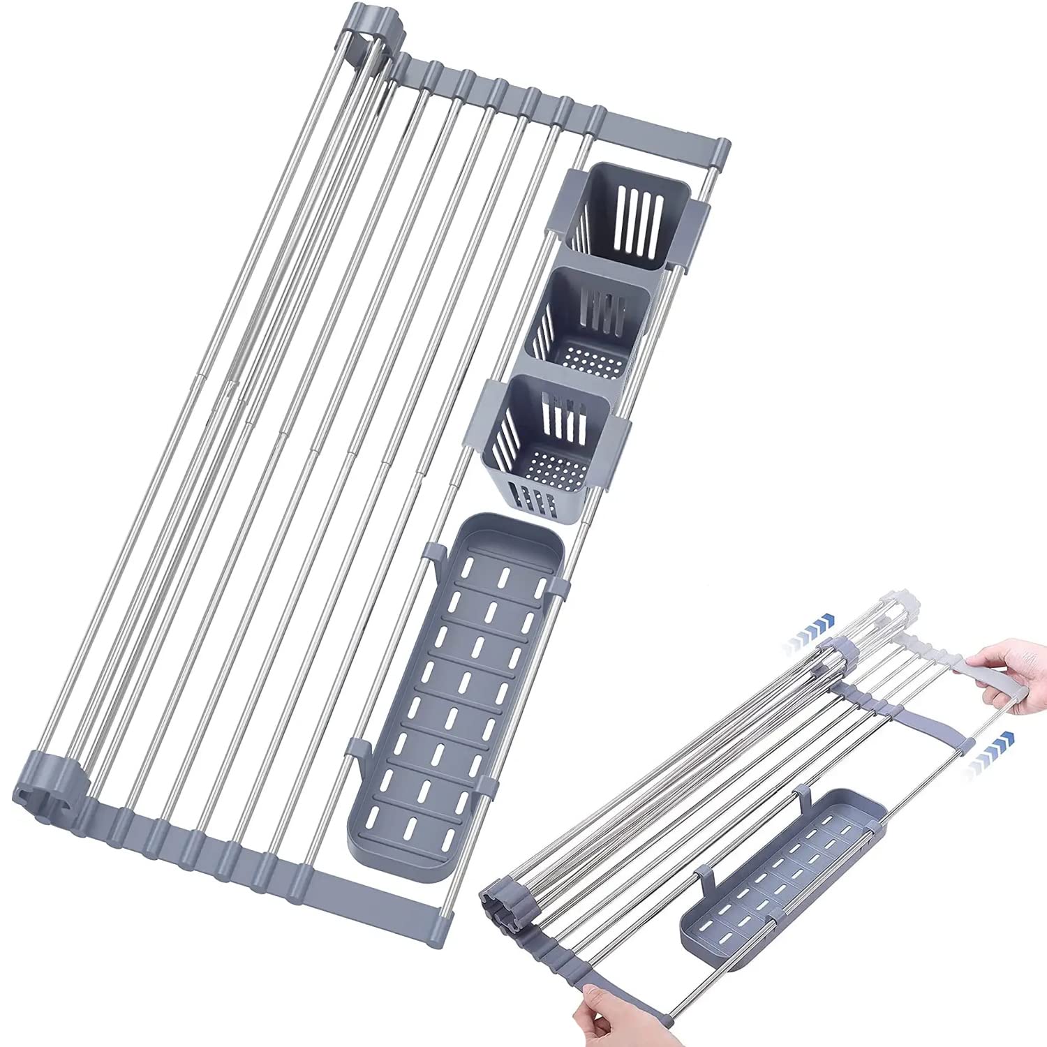 Ygapuzi Expandable Roll Up Dish Drying Rack Over the Sink - 12.6''-23.3'', Sink Drainer with Utensil Holder, Stainless Steel Roll Up Dish Drainer for Kitchen Organizer (Gray)