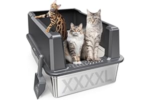 PEMATAR XXXL Stainless Steel Cat Litter Box with High Sides, 28" L x 20" W x 14" H Extra Large Litter Box for Big Cats and Multiple Cats, Enclosure Cat Litter Pan with Anti-Urine Leakage, Easy Clean