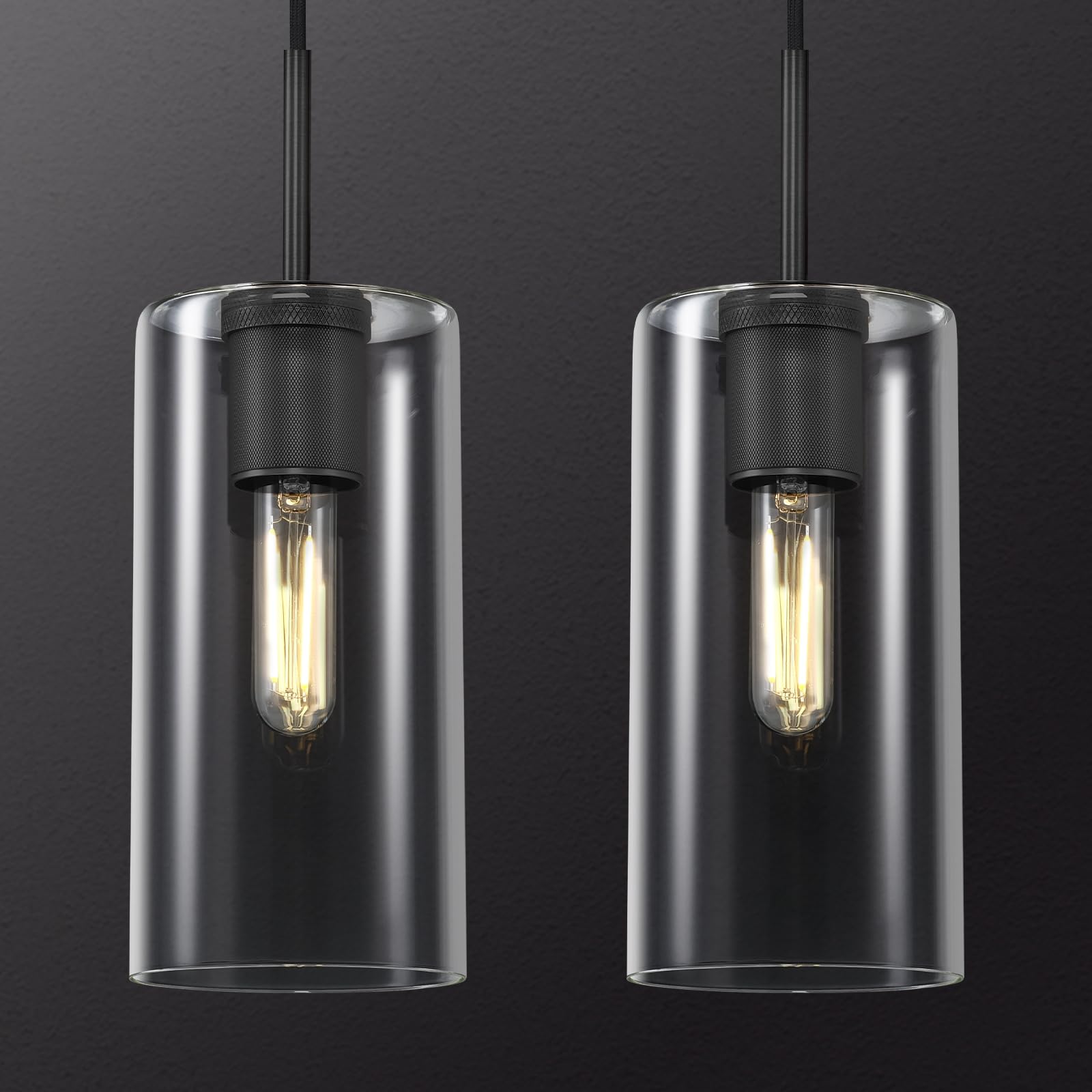 Photo 1 of ZHTIECHUI Modern Black Pendant Lights Kitchen Island 2 Pack Glass Pendant Light, 9.5in Farmhouse Clear Glass Cylinder Pendant Light Kitchen Pendant Lighting Over Island for Sink, Bathroom, Bar,Dining