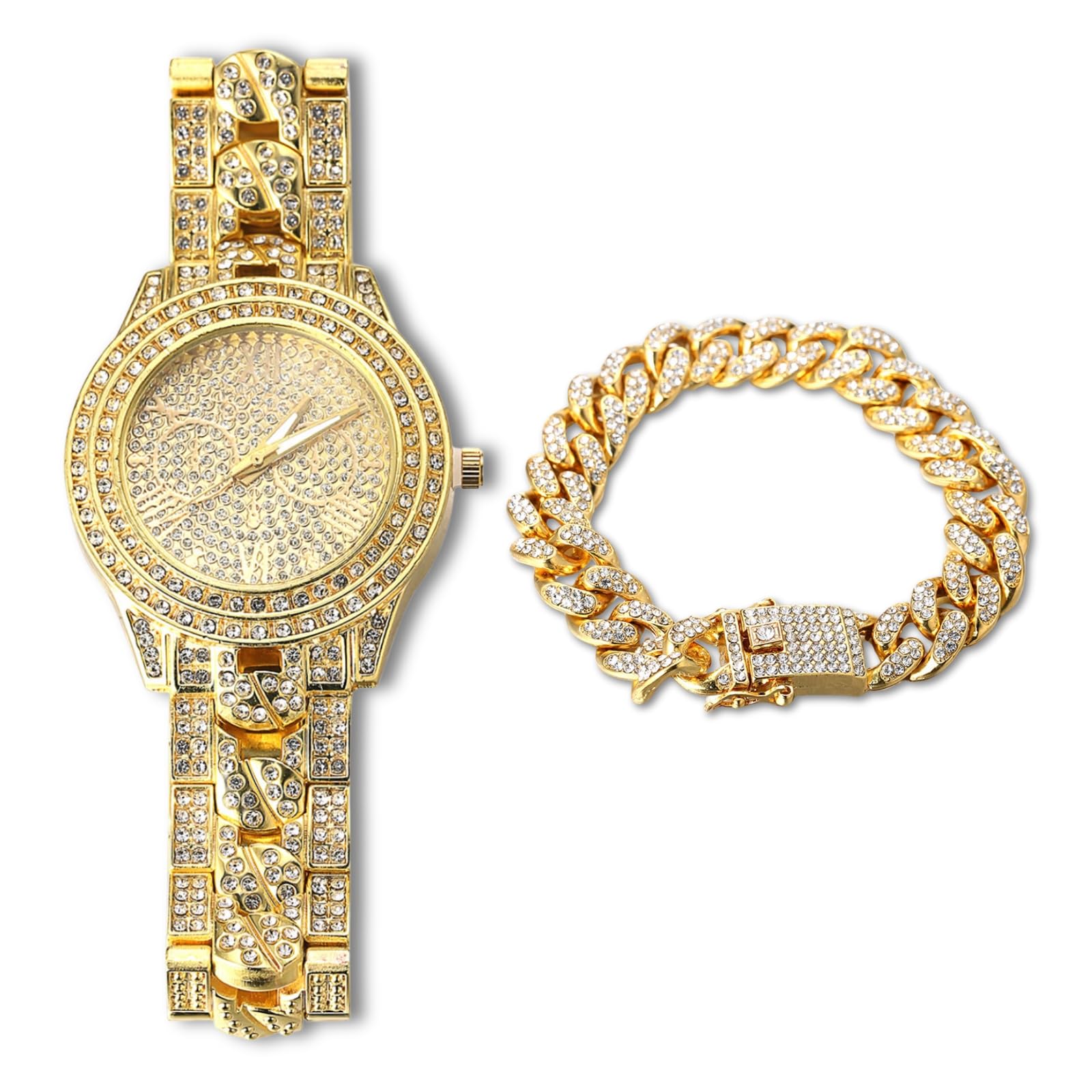 HALUKAKAH Diamond Gold Watch Iced Out,Men's 18k Real Gold Plated Cuban Chain Inserted Band Quartz Wristband 24cm,with Cuban Link Chain 20cm Bracelet,Full Cz Diamonds,Free Giftbox