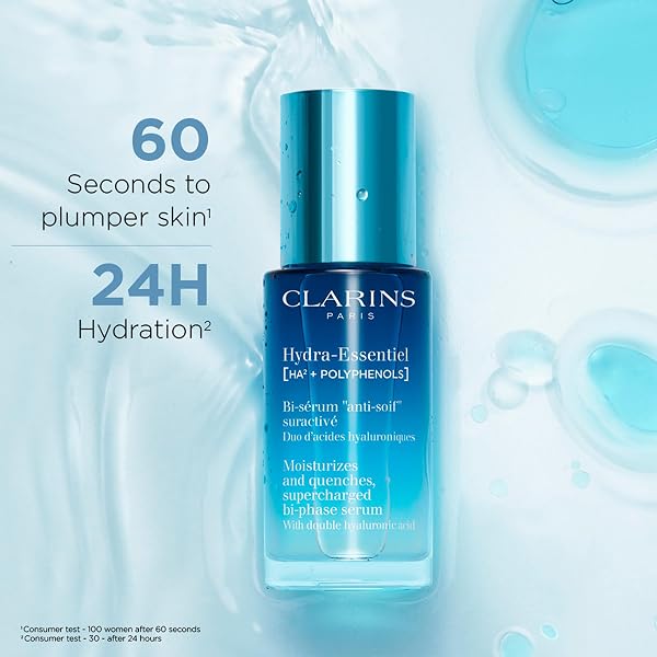 CLARINS HYDRA-ESSENTIEL BI-PHASE FACE SERUM | INTENSE HYDRATING SERUM| 60 SECONDS TO PLUMPER SKIN* | 24H HYDRATION* | DOUBLE DOSE OF HYALURONIC ACID | LIGHTWEIGHT | ALL SKIN TYPES | 1 FL OUNCE