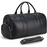 Masa Kawa Black Leather Duffle Bag for Travel Men, 31L Carry On Waterproof Foldable Duffel Bag with Shoe Compartment for Gym, Sports, Overnight Weekender Camping