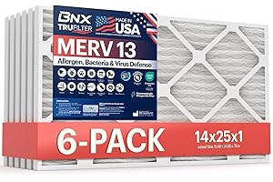 BNX TruFilter 14x25x1 Air Filter MERV 13 (6-Pack) - MADE IN USA - Electrostatic Pleated Air Conditioner HVAC AC Furnace Filters for Allergies, Pollen, Mold, Bacteria, Smoke, Allergen, MPR 1900 FPR 10
