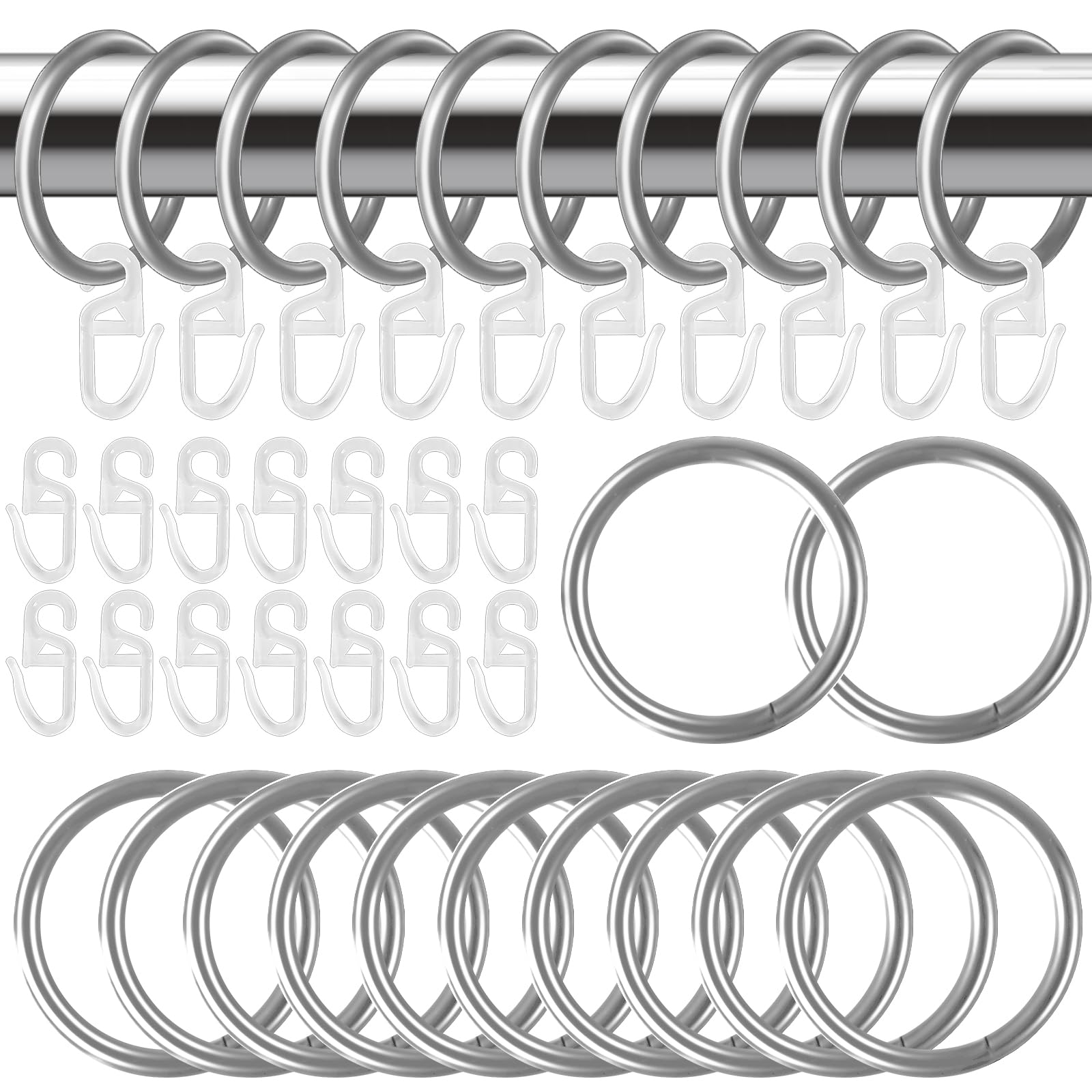 Hengxinc 40 Pcs Silver Curtain Rings with hooks 30 mm, Curtain Clip Ring, 80 Pcs Silent Curtain Hooks, Metal Curtain Rings Stainless Steel, Curtain Hooks for Home Window Rod Decoration
